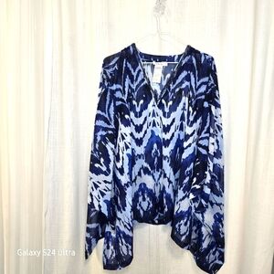 Chico's Blue and White Abstract Sheer Poncho-Style Top L/XL Coverup Resort Tunic